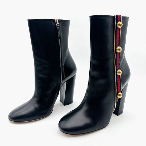 GUCCI Carly Button Web Stripe Black Boots Size 41 Malaga Studded Heeled Bootie - Picture 1 of 12